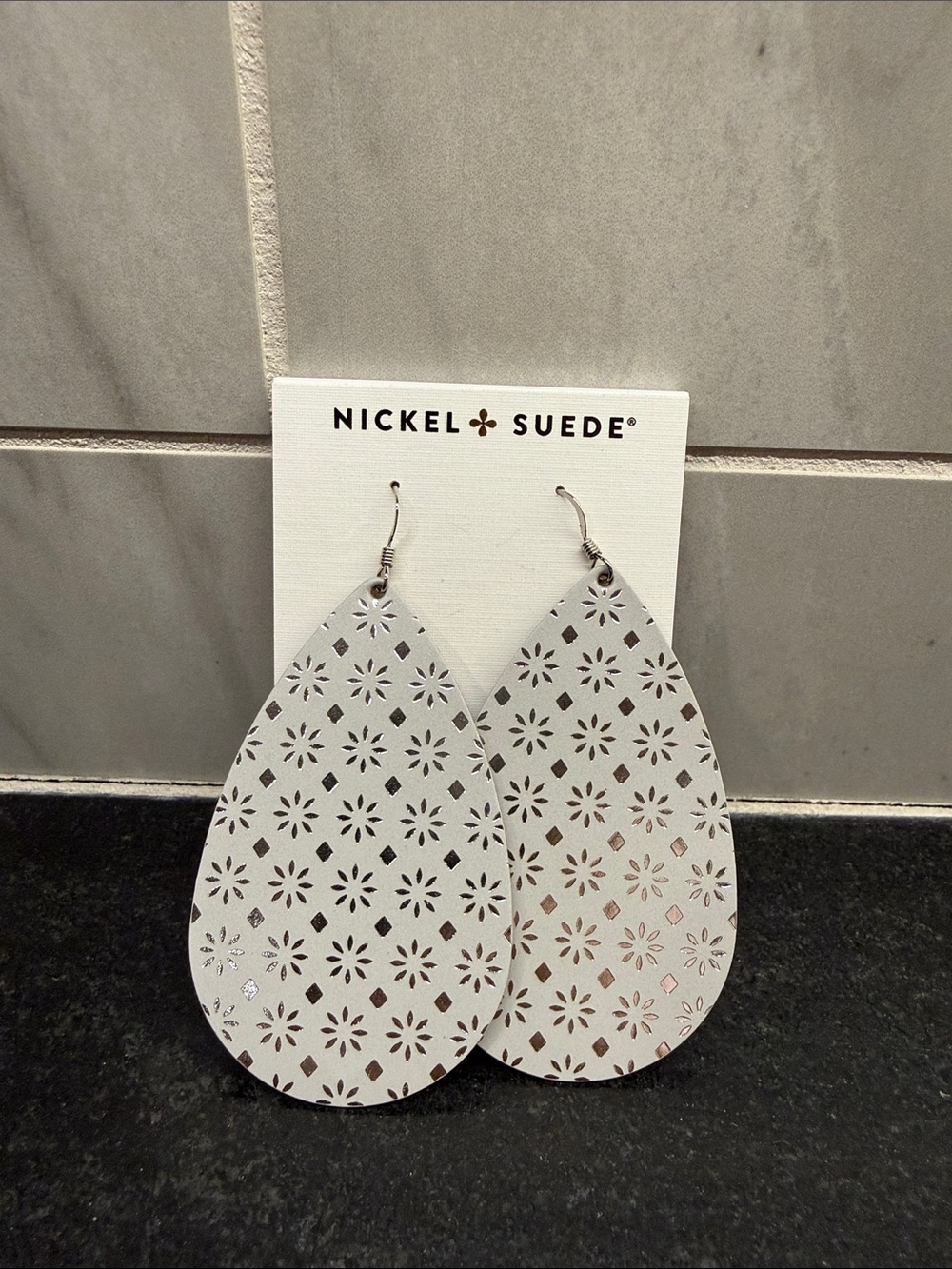 Nickel & Suede Gray with Silver Sedona Leather Teardrop Earrings- Large
